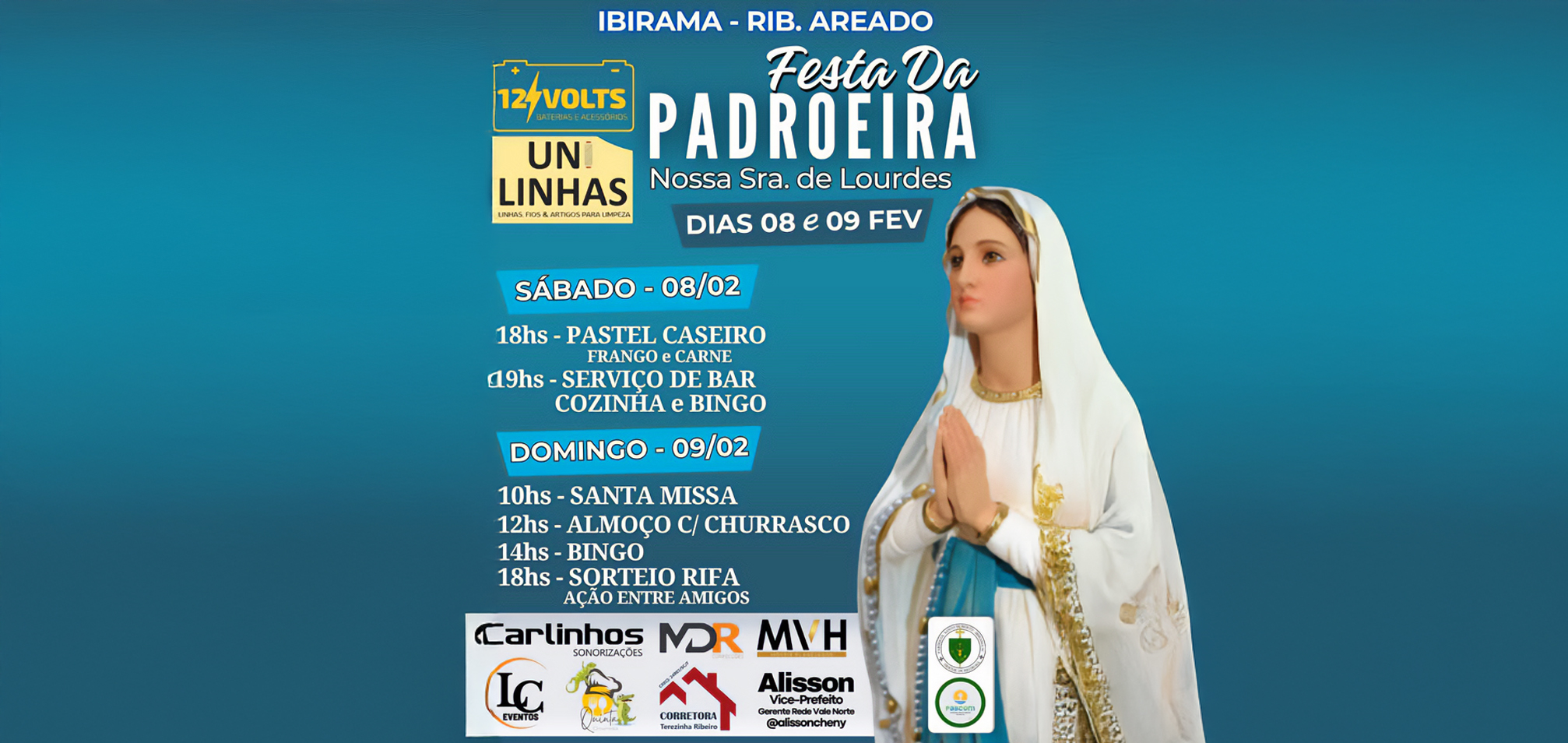 A tradicional Festa da Padroeira Nossa Senhora de Lourdes acontece em Ribeirão Areado com missa, bingo e almoço. Participe!