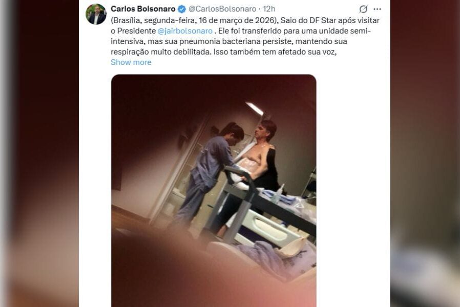 Carlos Bolsonaro publica foto do pai em hospital e alerta para estado “muito delicado”