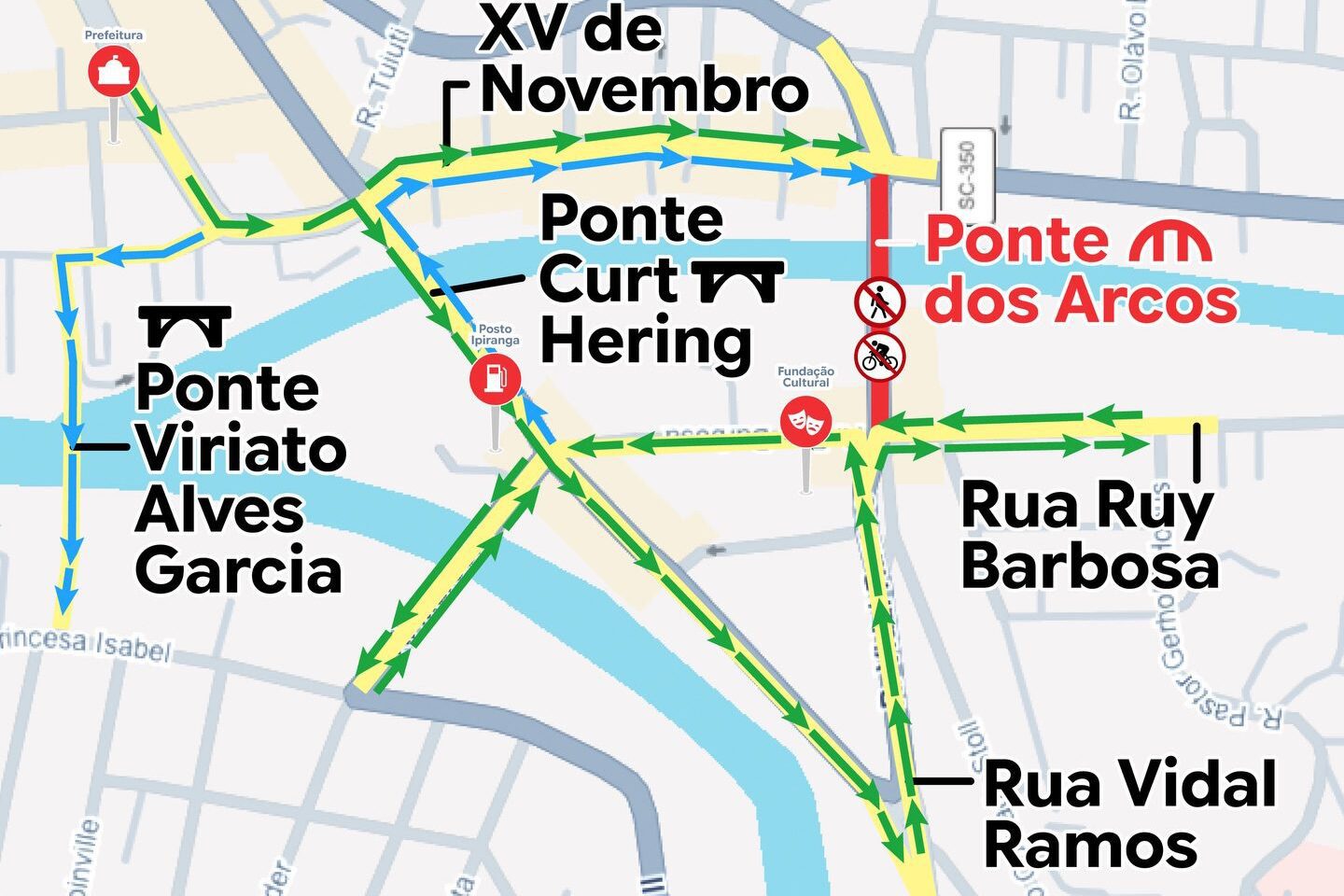 Revitalização da Ponte dos Arcos altera trânsito e interdita passagem de pedestres em Rio do Sul