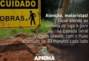 Sistema de “siga e pare” é implantado na Estrada Geral Vargem Grande para obras de melhoria