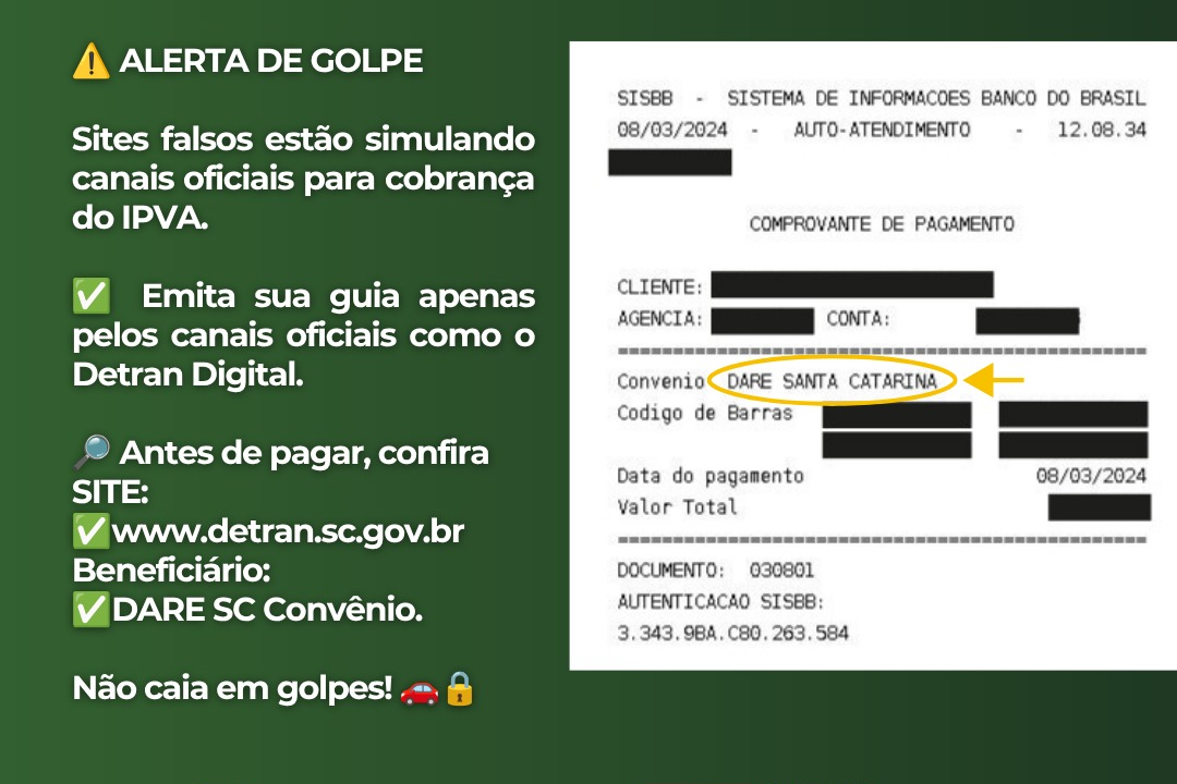 Detran/SC alerta para golpes com páginas falsas para pagamento do IPVA