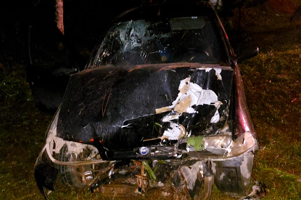 Motorista fica ferido após colisão entre carro e cavalo mecânico na BR-470, em Rodeio