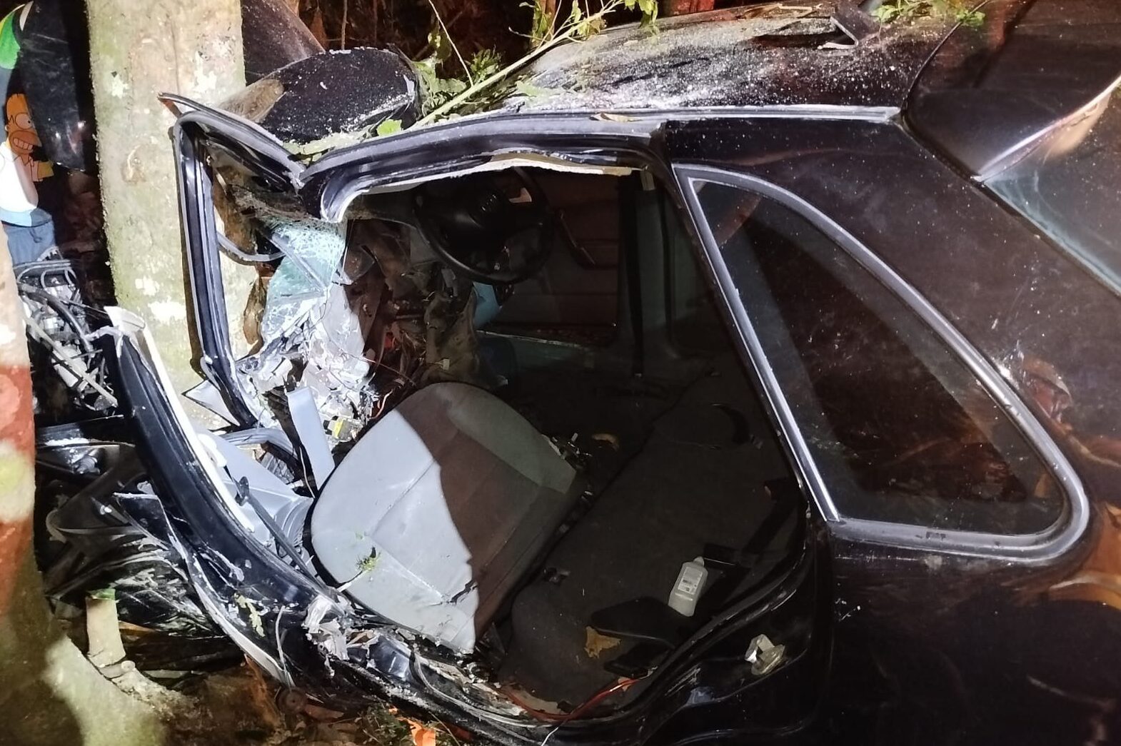 Jovem fica preso às ferragens após carro sair da pista e bater contra árvore