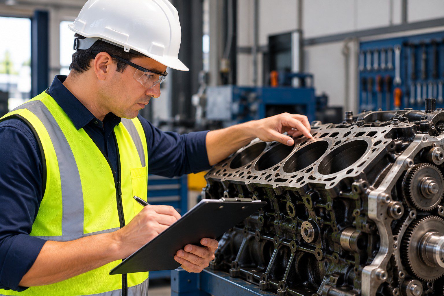 Engenheiro mecânico realizando inspeção técnica de equipamento para elaboração de laudo