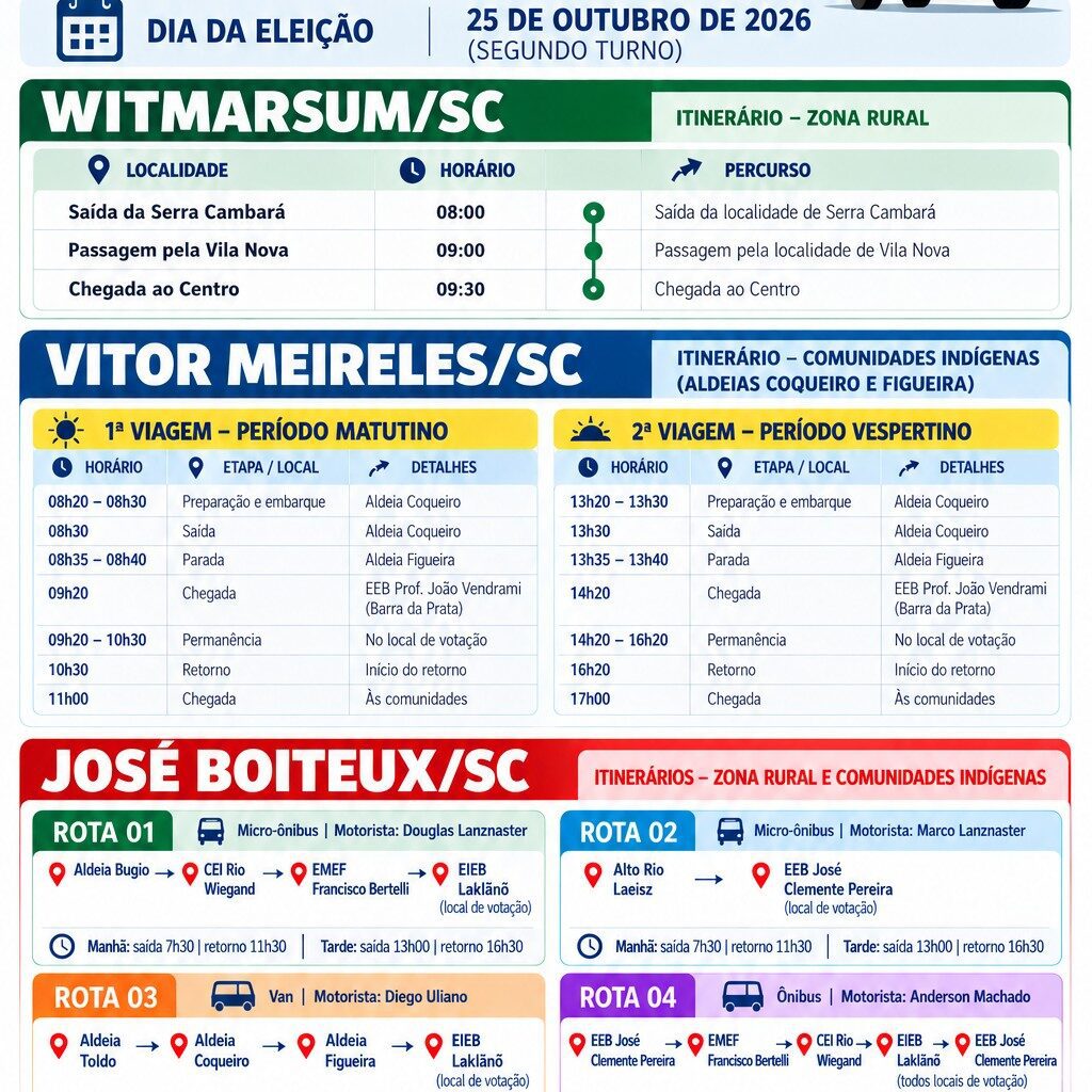 Eleitores terão transporte gratuito em Witmarsum, Vitor Meireles e José Boiteux