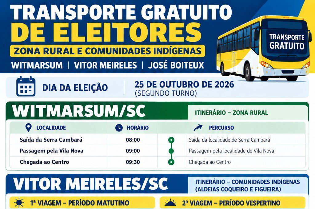 Eleitores terão transporte gratuito em Witmarsum, Vitor Meireles e José Boiteux