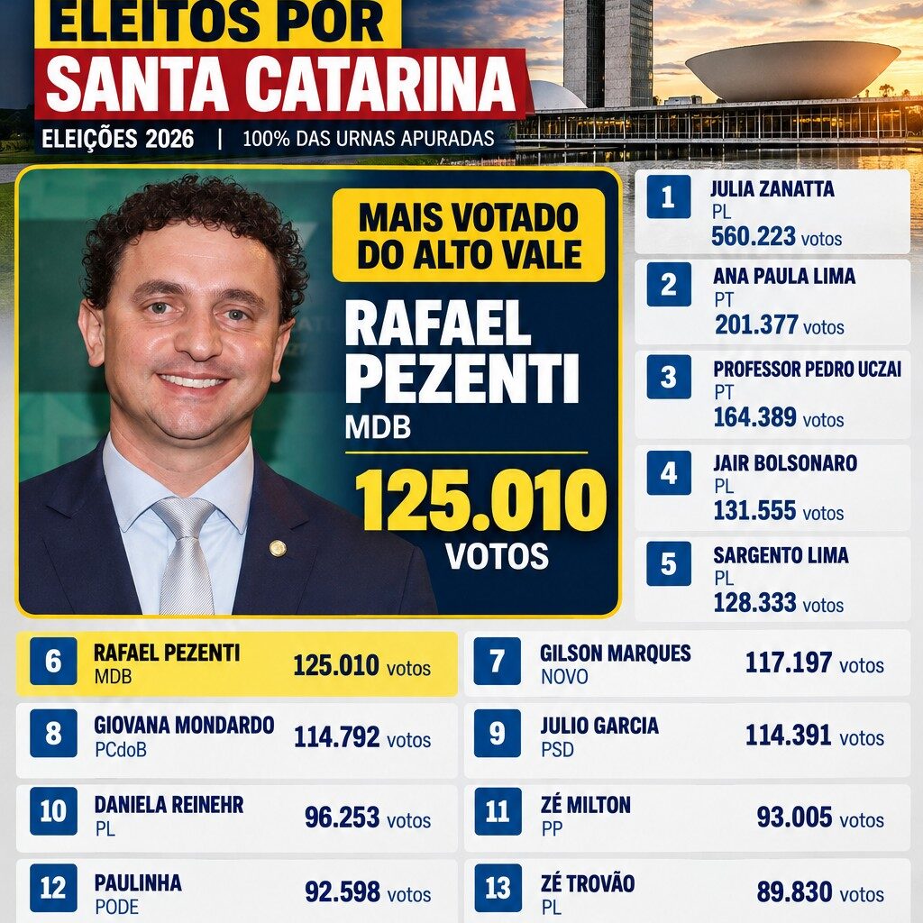 Pezenti é o deputado federal mais votado do Alto Vale; confira os 16 eleitos por SC