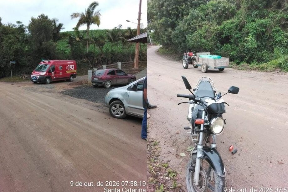 Motociclista de 18 anos fica ferido em colisão com máquina agrícola em Lontras